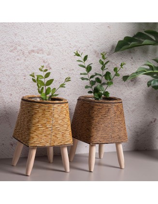 Rattan Flower Stand Triangle Bracket Planter Desktop Creative Succulent Storage Container Plant Stand Straw Pots