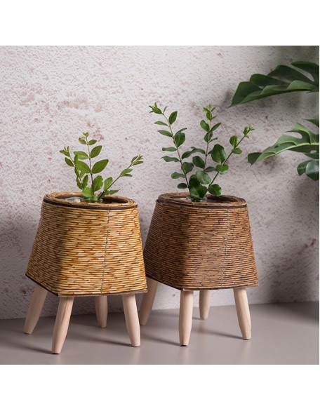 Rattan Flower Stand Triangle Bracket Planter Desktop Creative Succulent Storage Container Plant Stand Straw Pots