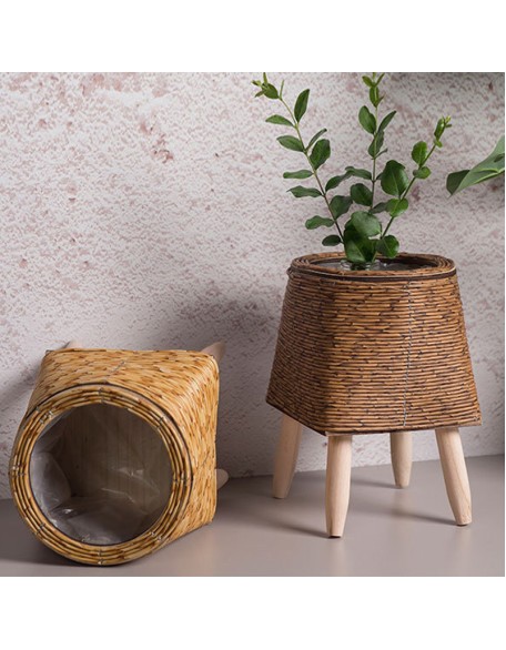 Rattan Flower Stand Triangle Bracket Planter Desktop Creative Succulent Storage Container Plant Stand Straw Pots