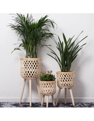 Rattan flower pot indoor balcony living room plants green hand-woven wooden tall floor planter