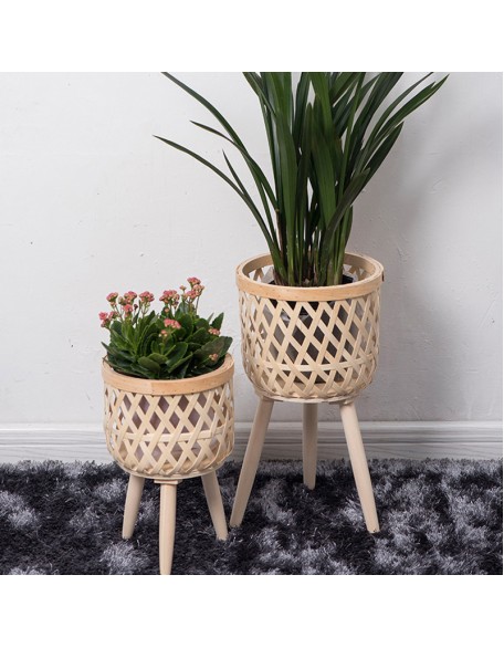 Rattan flower pot indoor balcony living room plants green hand-woven wooden tall floor planter