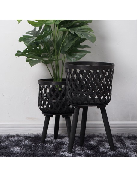 Rattan flower pot indoor balcony living room plants green hand-woven wooden tall floor planter